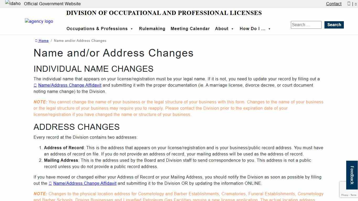 Name and/or Address Changes Division of Occupational and Professional Licenses